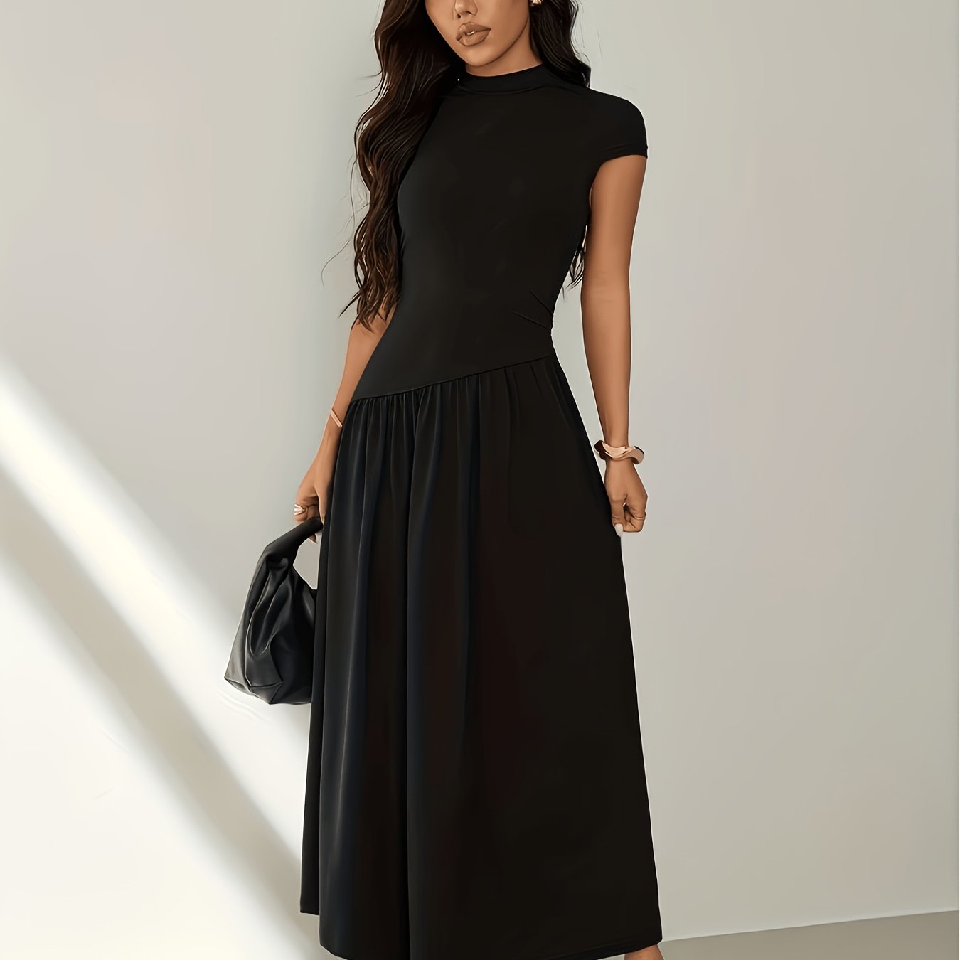 Midi Dress for Women Puff Sleeve Pleated Long Dress for Day Events Smart Casual Summer