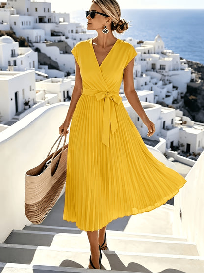 Women'S Elegant Solid V-Neck Sleeveless Tie-Belt Hem Pleated Flowy Midi Dress, Suitable for Casual Vacation Daily Gatherings, Fashionable And Generous Dress