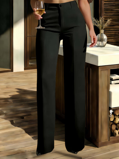 Elegant Women's Trousers - Solid Color High-Waisted Dress Pants - Casual Vacation Daily Office Wear Straight-Leg Pants with Elastic Waistband and Pockets - Durable Fabric - New Autumn Women's Clothing