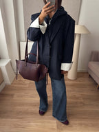 Directional Development Women'S Casual Blazer with a Single-Breasted Design, Loose Fit for European And American Commuting Style, Featuring a Minimalist One-Piece Design with Striped Cuffs And Contrasting Colors