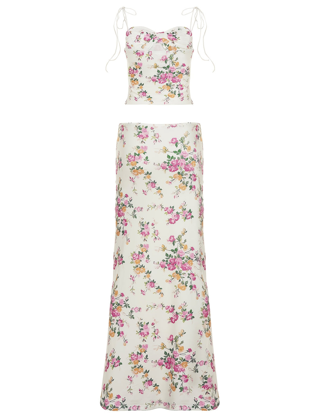 Sassygals French Holiday Style Floral Suspender Vest + Low-Waisted Hip-Hugging Long Skirt, Atmospheric Temperament Set