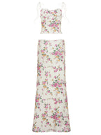 Sassygals French Holiday Style Floral Suspender Vest + Low-Waisted Hip-Hugging Long Skirt, Atmospheric Temperament Set