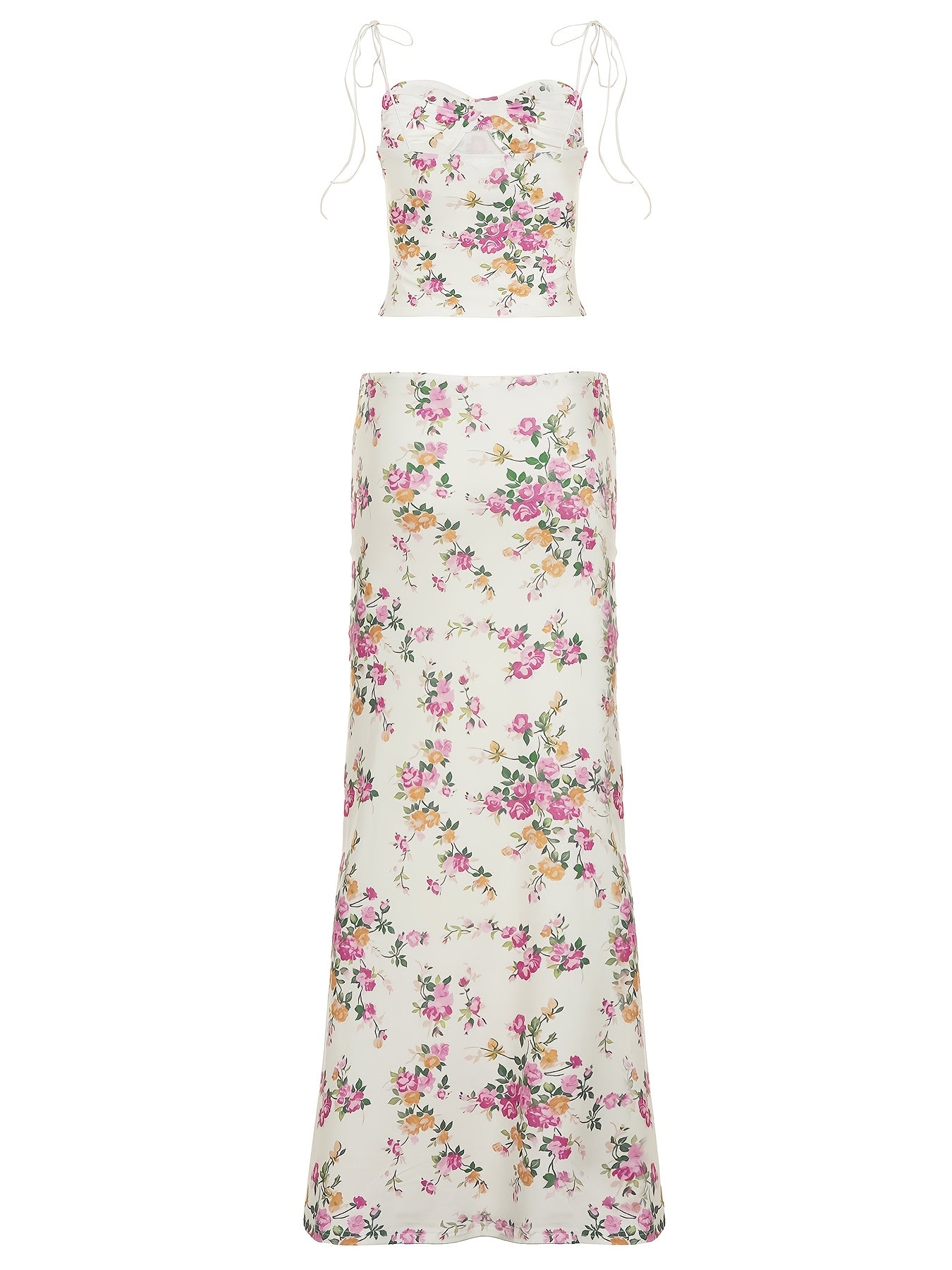 Sassygals French Holiday Style Floral Suspender Vest + Low-Waisted Hip-Hugging Long Skirt, Atmospheric Temperament Set