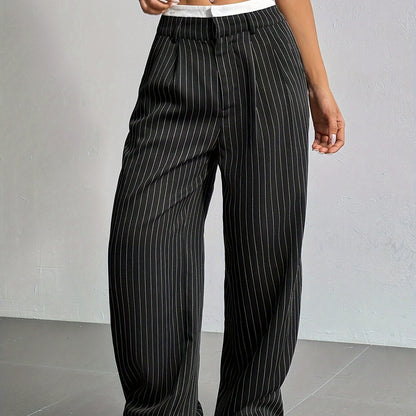Early Autumn New Striped High-Waist Contrast Button-Closure Wide-Leg Suit Women'S Long Trousers
