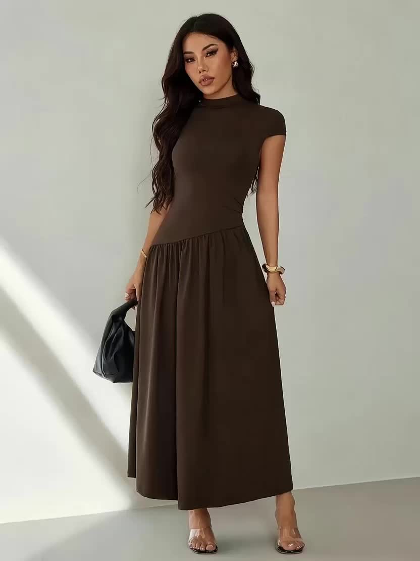 Midi Dress for Women Puff Sleeve Pleated Long Dress for Day Events Smart Casual Summer