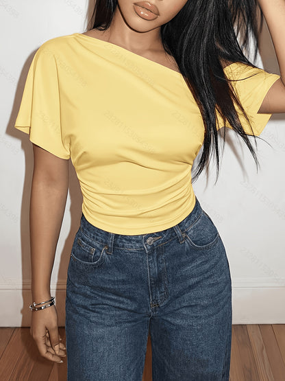 Off Shoulder Top for Women Short Sleeve Fitted Summer Top for Daywear Dinner Casual