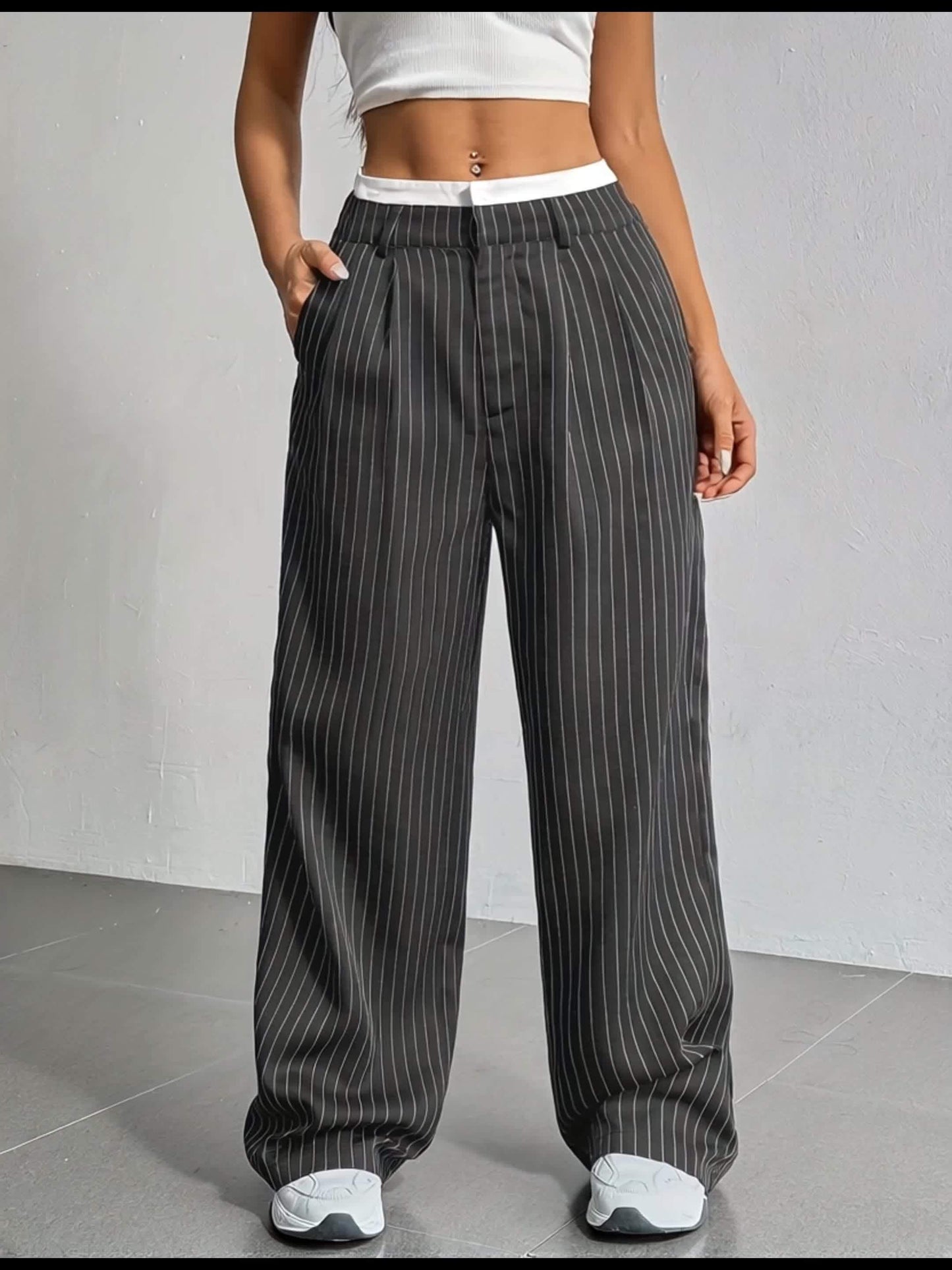Early Autumn New Striped High-Waist Contrast Button-Closure Wide-Leg Suit Women'S Long Trousers