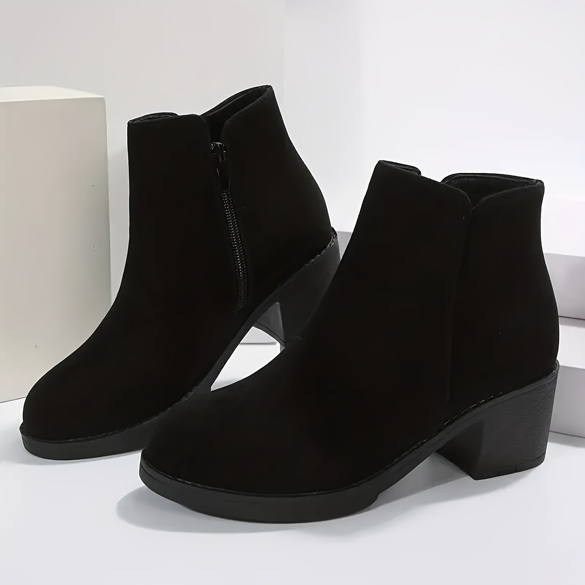Black Ankle Boots for Women Chunky Heel Side Zip Boots for Work Everyday Autumn Winter