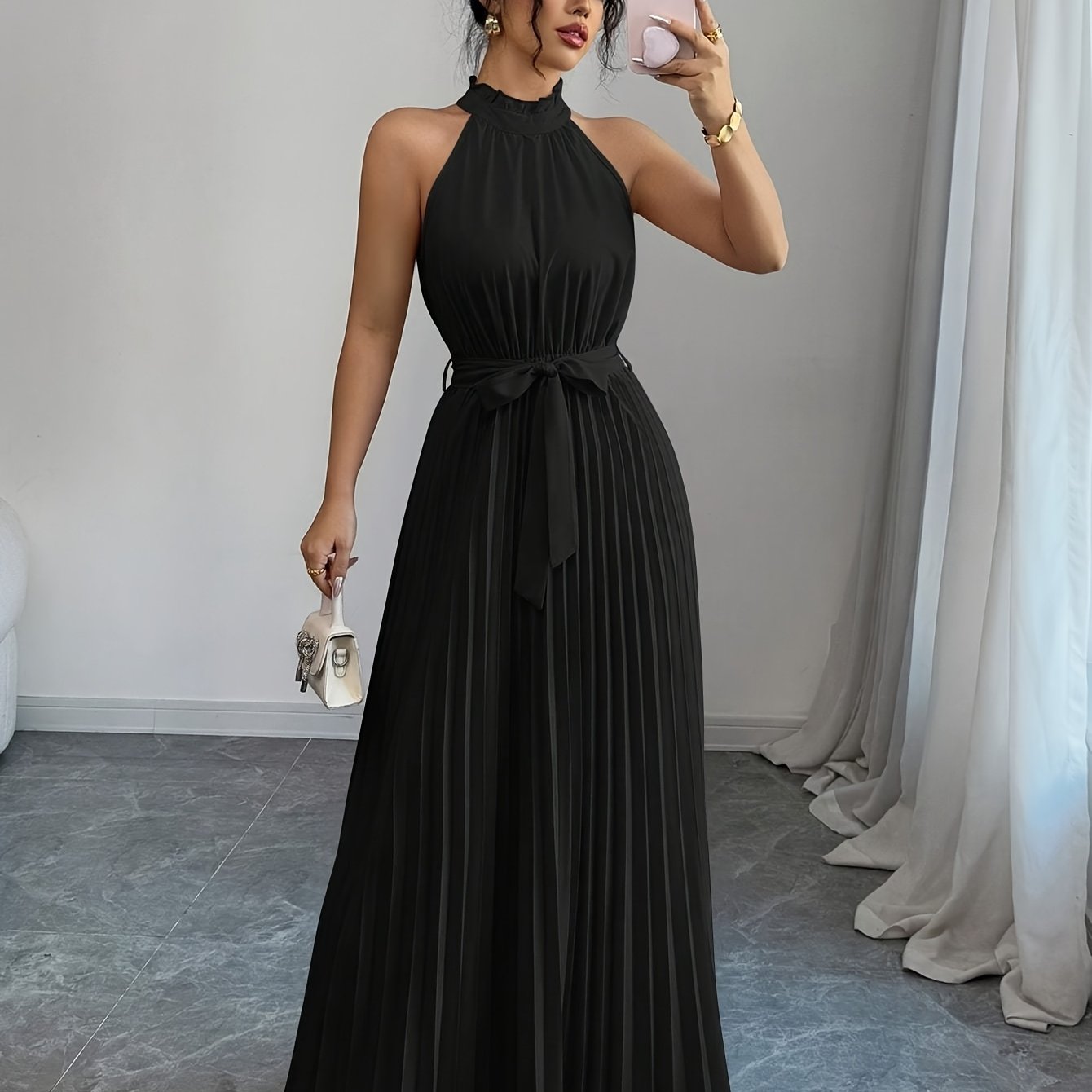 YY0328347, Women's Romantic Elegant A-Line Dress, Sleeveless Pleated Waist-cinching Long Dress