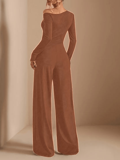[Asymmetric Off-Shoulder Romper] Women's Elegant Asymmetric Off Shoulder Long Sleeve Wide Leg Romper - Solid Black Casual Jumpsuit for Spring Summer