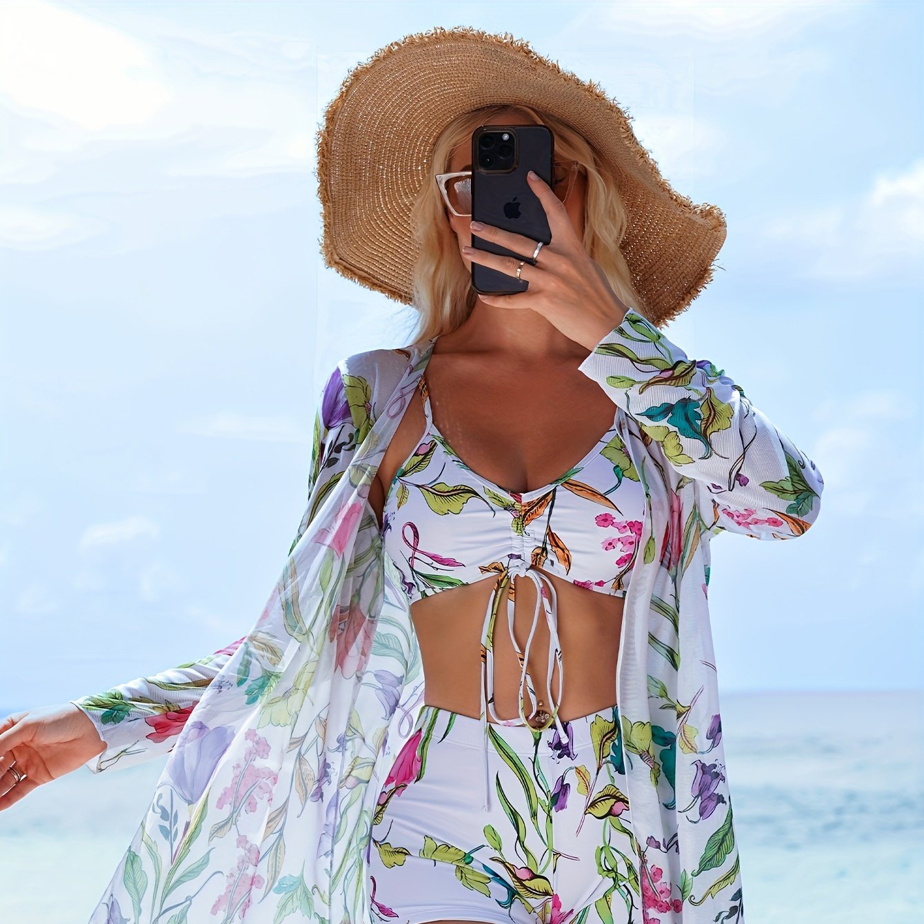 Women's Bikini Three-Piece Swimsuit with Boxer Shorts, New Split Cover-Up, Bowknot Fashion Beachwear