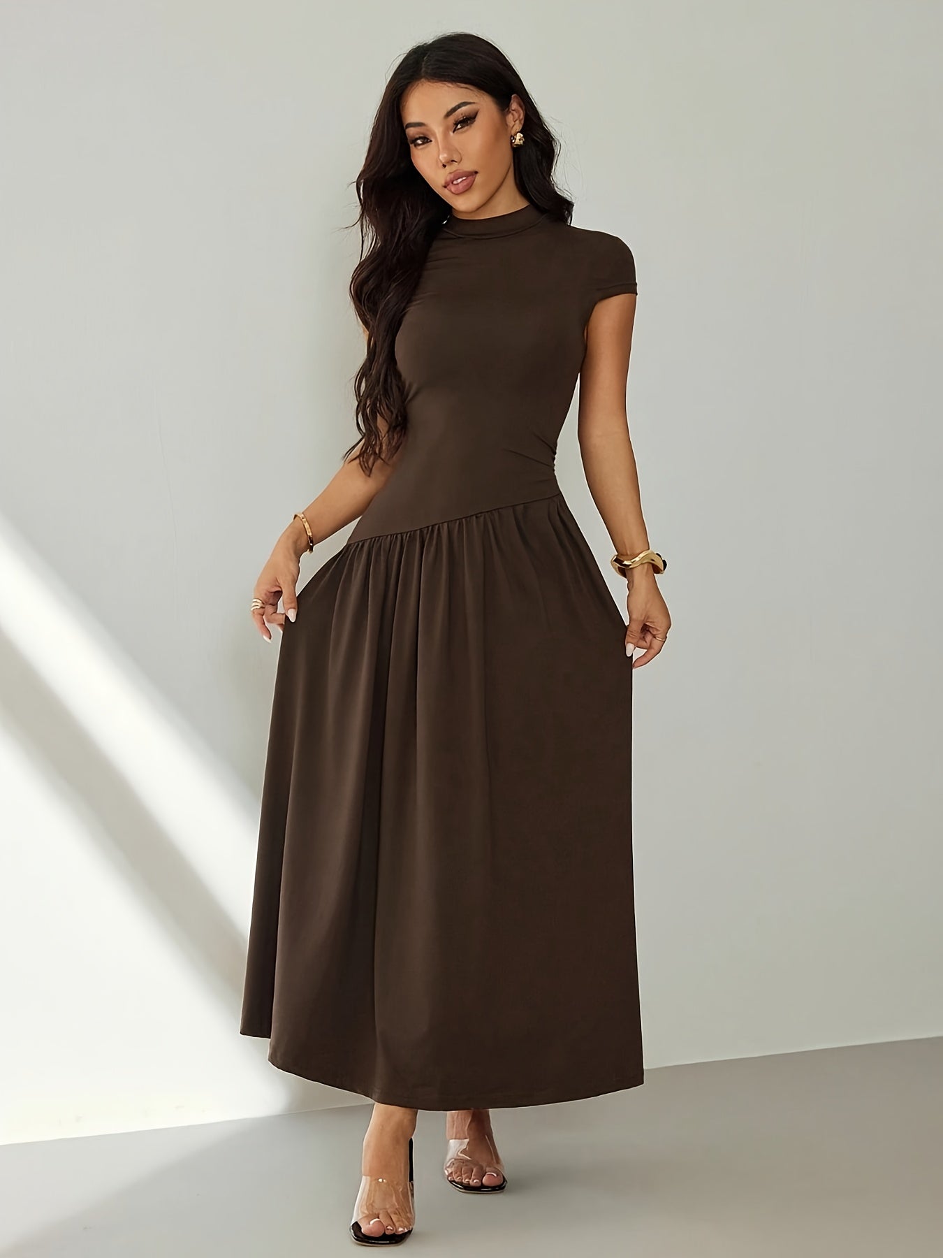 Midi Dress for Women Puff Sleeve Pleated Long Dress for Day Events Smart Casual Summer