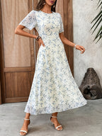 Women's Elegant Mini Floral Round Neck Short Sleeve Midi Dress, Summer Women's Clothing, Birthday Dress