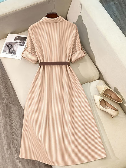 [Elegant Shirt Dress] Elegant Casual Women's Long Shirt Dress | Striped Long-Sleeve Single-Breasted Button Pocket with Belt