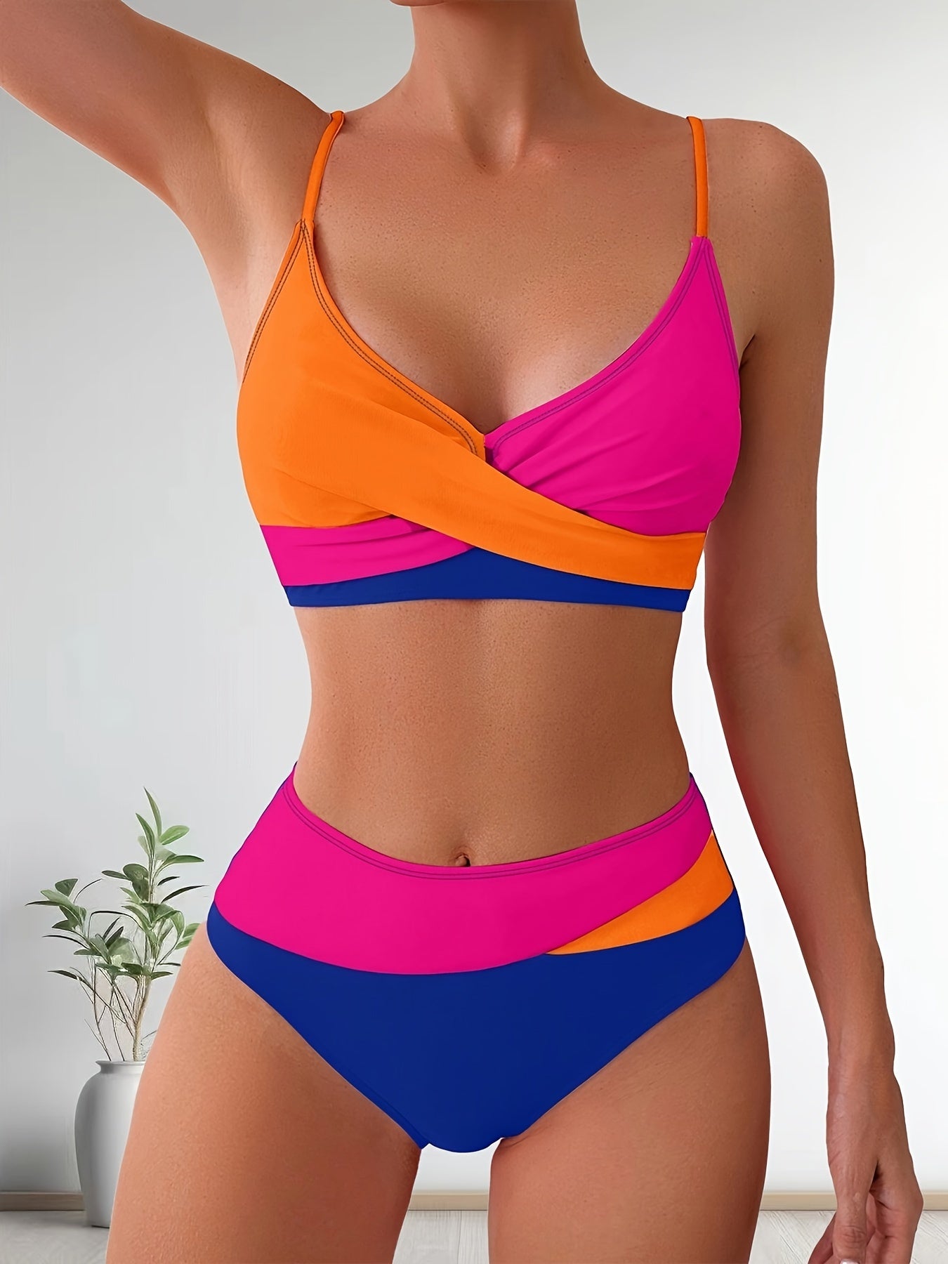 Solid Color Patchwork High-Waisted Sexy Bikini Split Swimsuit Swimwear