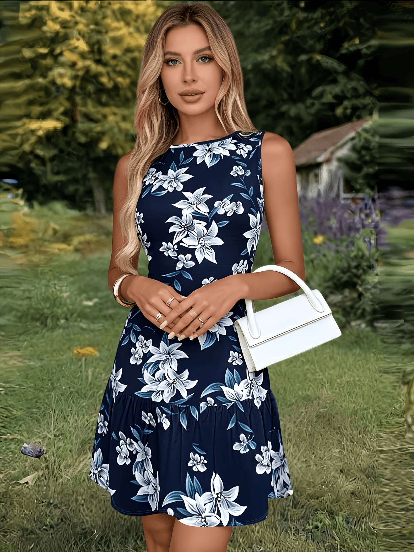 Round Neck, Cinched Waist, Gathered Hem with a Flowing A-line Skirt, Made of a Polyester-spandex, Machine Washable, Suitable for Casual Wear, Vacations, Parties, and Home Life