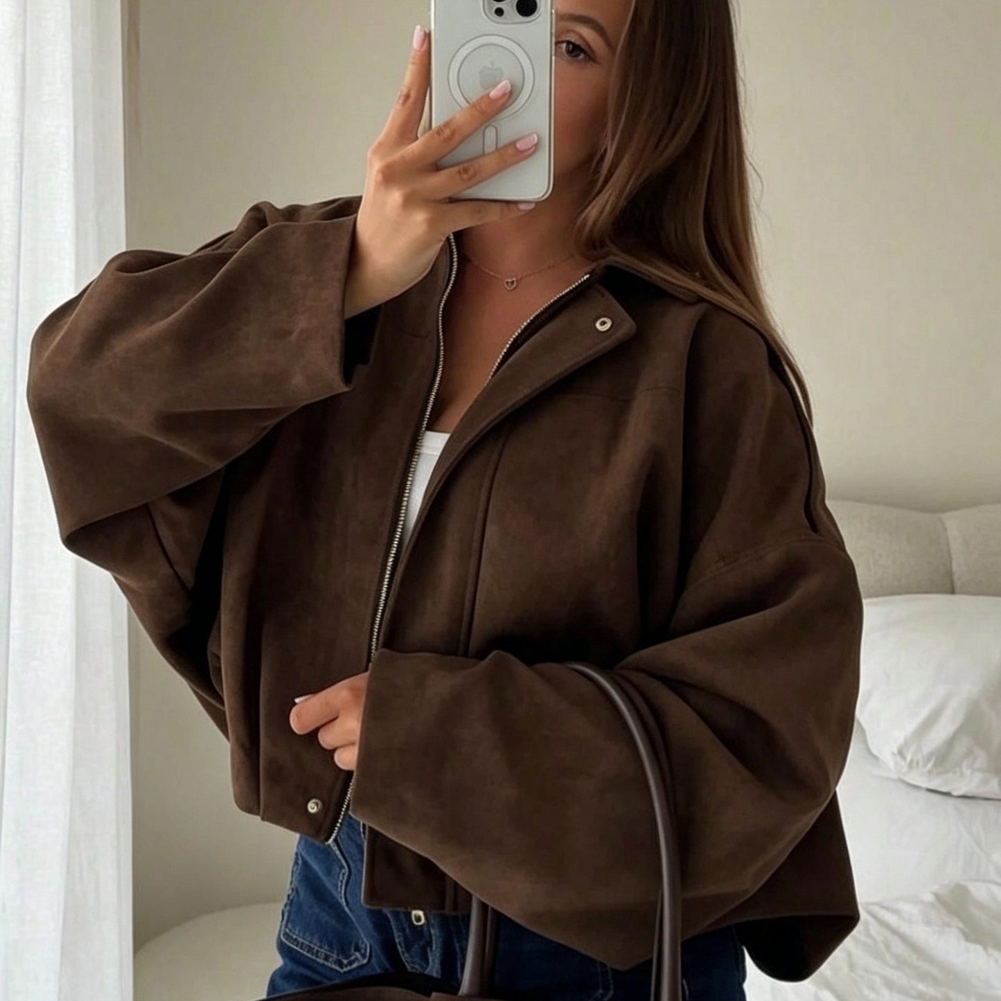 Cropped Jacket for Women Drop Shoulder Zip Jacket with Lapel for Autumn Smart Casual