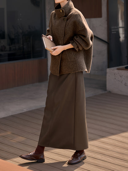 Wool Coat for Women Double Faced Raglan Sleeve Mid Coat for Work Travel Autumn Winter