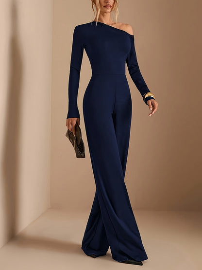 [Asymmetric Off-Shoulder Romper] Women's Elegant Asymmetric Off Shoulder Long Sleeve Wide Leg Romper - Solid Black Casual Jumpsuit for Spring Summer