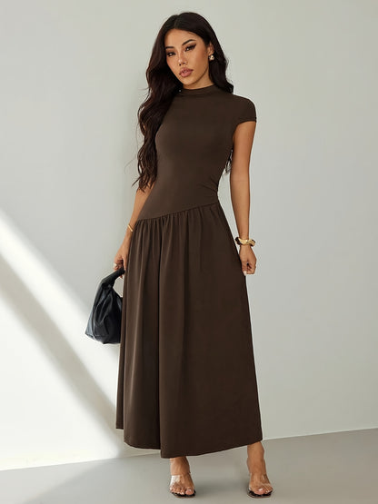 Midi Dress for Women Puff Sleeve Pleated Long Dress for Day Events Smart Casual Summer
