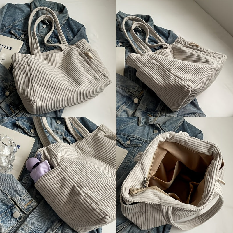 Corduroy Tote Bag for Women Multi Pocket Shoulder Bag for Commute Shopping Travel