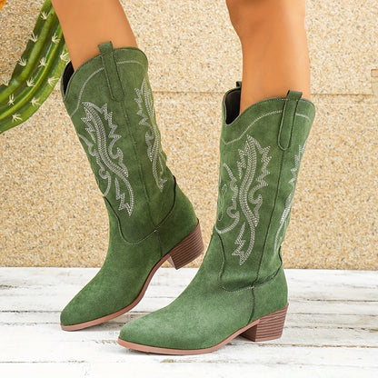 Cowgirl Western Boots for Women – Embroidered Mid-Calf, Pointed Toe and Block Heel
