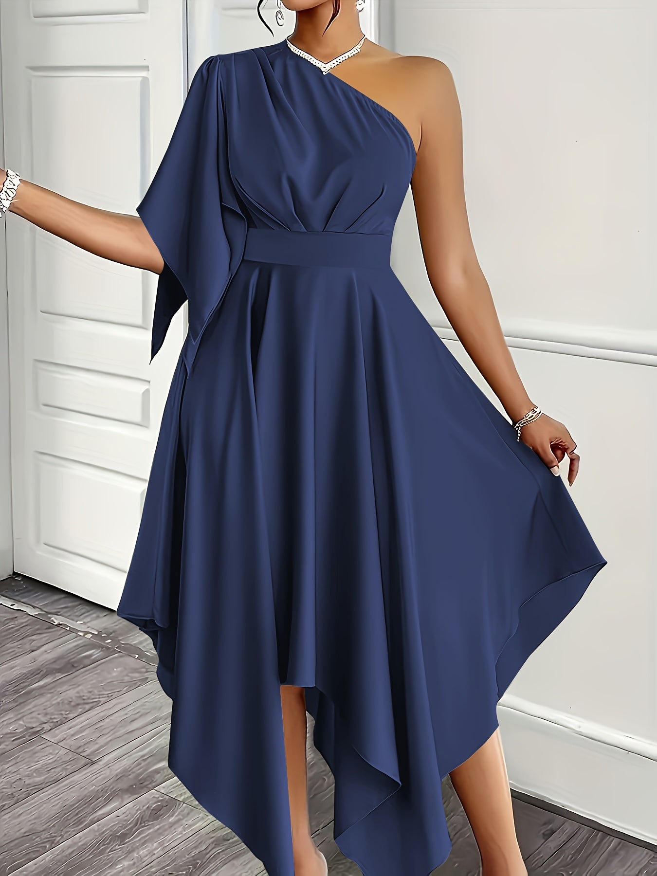 Wedding Guest Midi Dress for Women – One Shoulder, Asymmetrical Hem and A-Line Fit