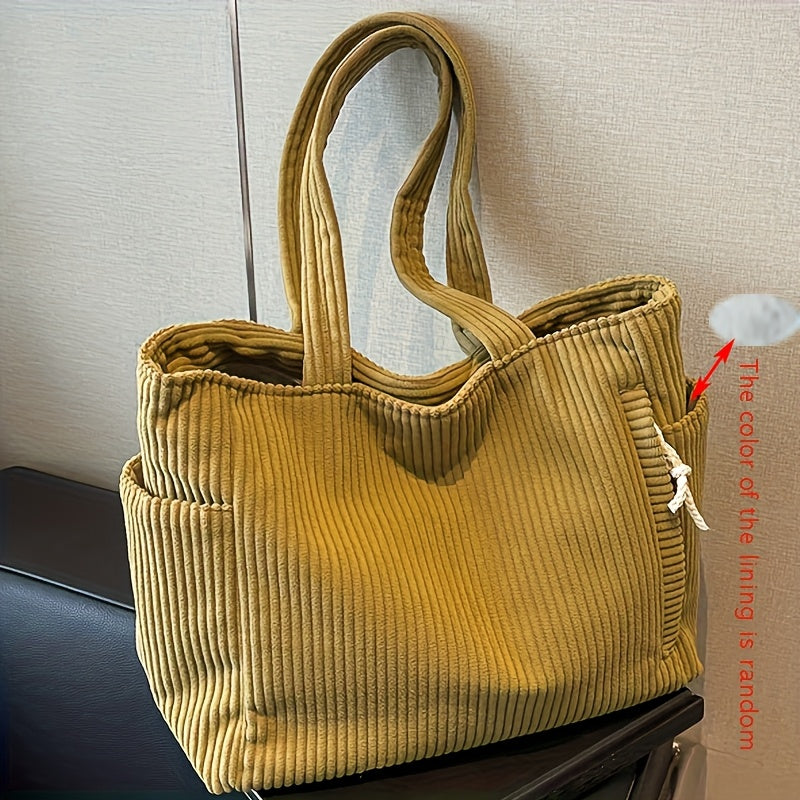 Corduroy Tote Bag for Women Multi Pocket Shoulder Bag for Commute Shopping Travel
