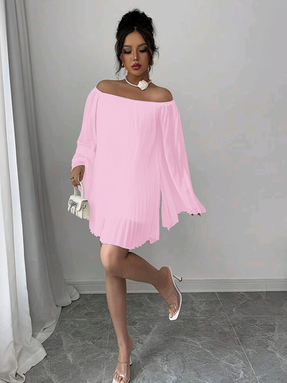 Women'S Elegant Off-Shoulder Ruched Long Sleeve Chiffon Dress