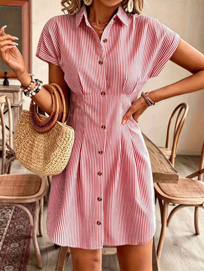 Striped Shirt Dress for Women – Short Sleeve, High Waist, Button Front A-Line