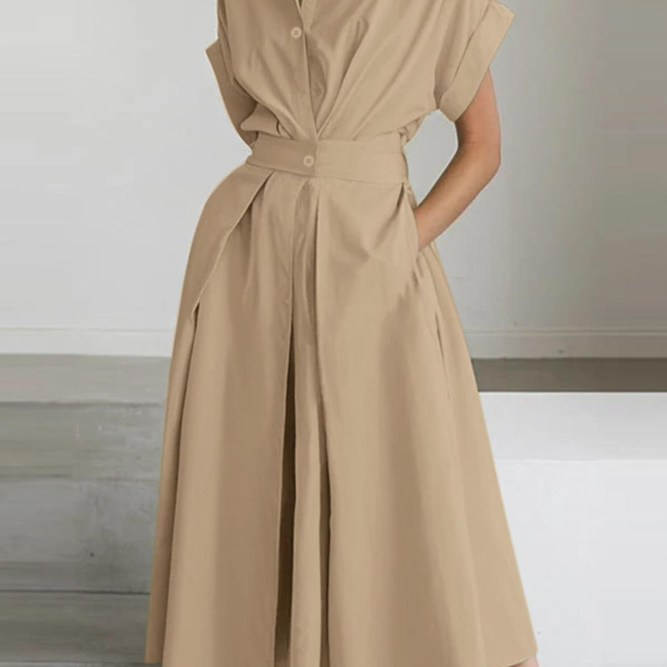Women'S OL Style Solid Color Lapel Short Sleeve Front Buttons Up Waist Swing Street Style Easy All-Match Lightweight Casual Shirt Dress