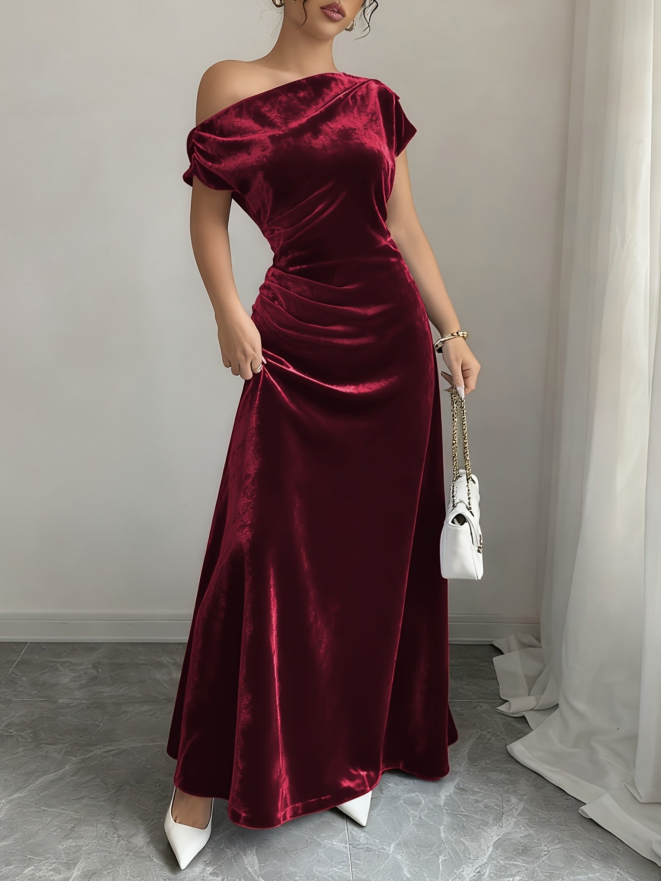 Velvet Dress for Women Off Shoulder Floor Length Evening Dress for Party Banquet Events