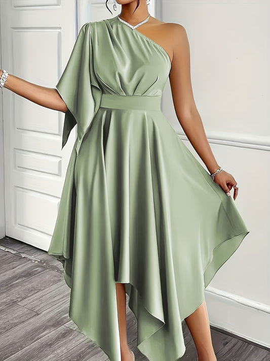 Wedding Guest Midi Dress for Women – One Shoulder, Asymmetrical Hem and A-Line Fit