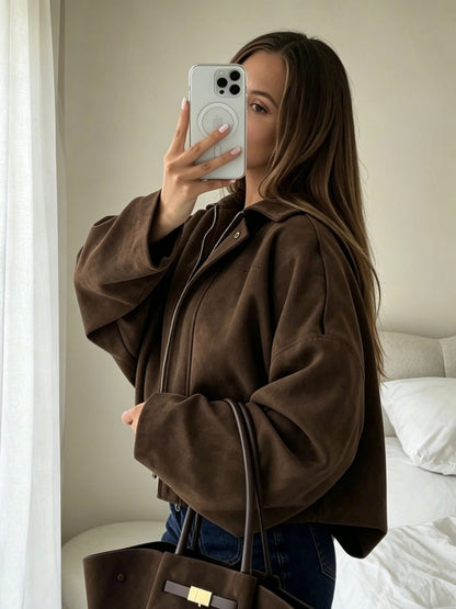 Cropped Jacket for Women Drop Shoulder Zip Jacket with Lapel for Autumn Smart Casual