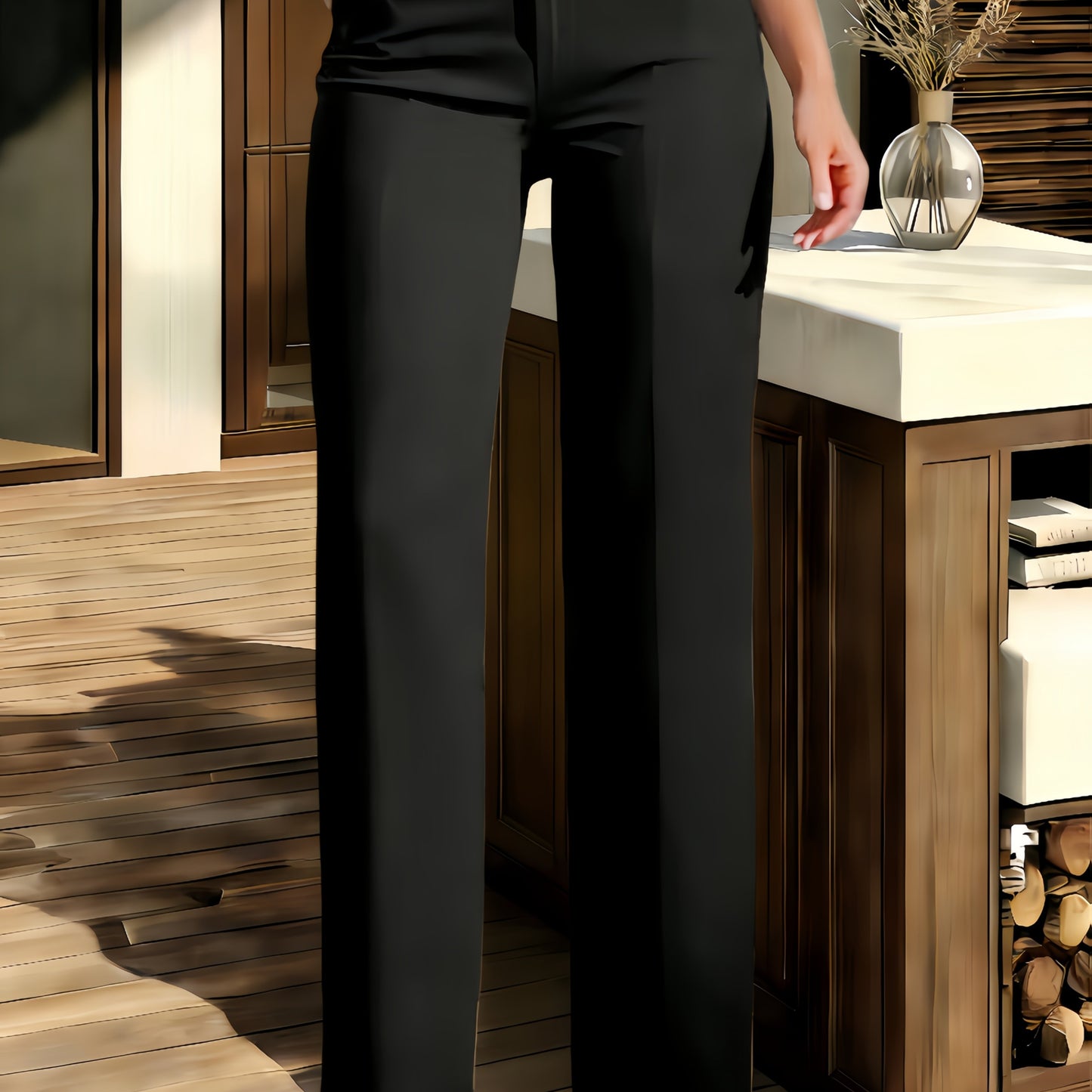 Elegant Women's Trousers - Solid Color High-Waisted Dress Pants - Casual Vacation Daily Office Wear Straight-Leg Pants with Elastic Waistband and Pockets - Durable Fabric - New Autumn Women's Clothing
