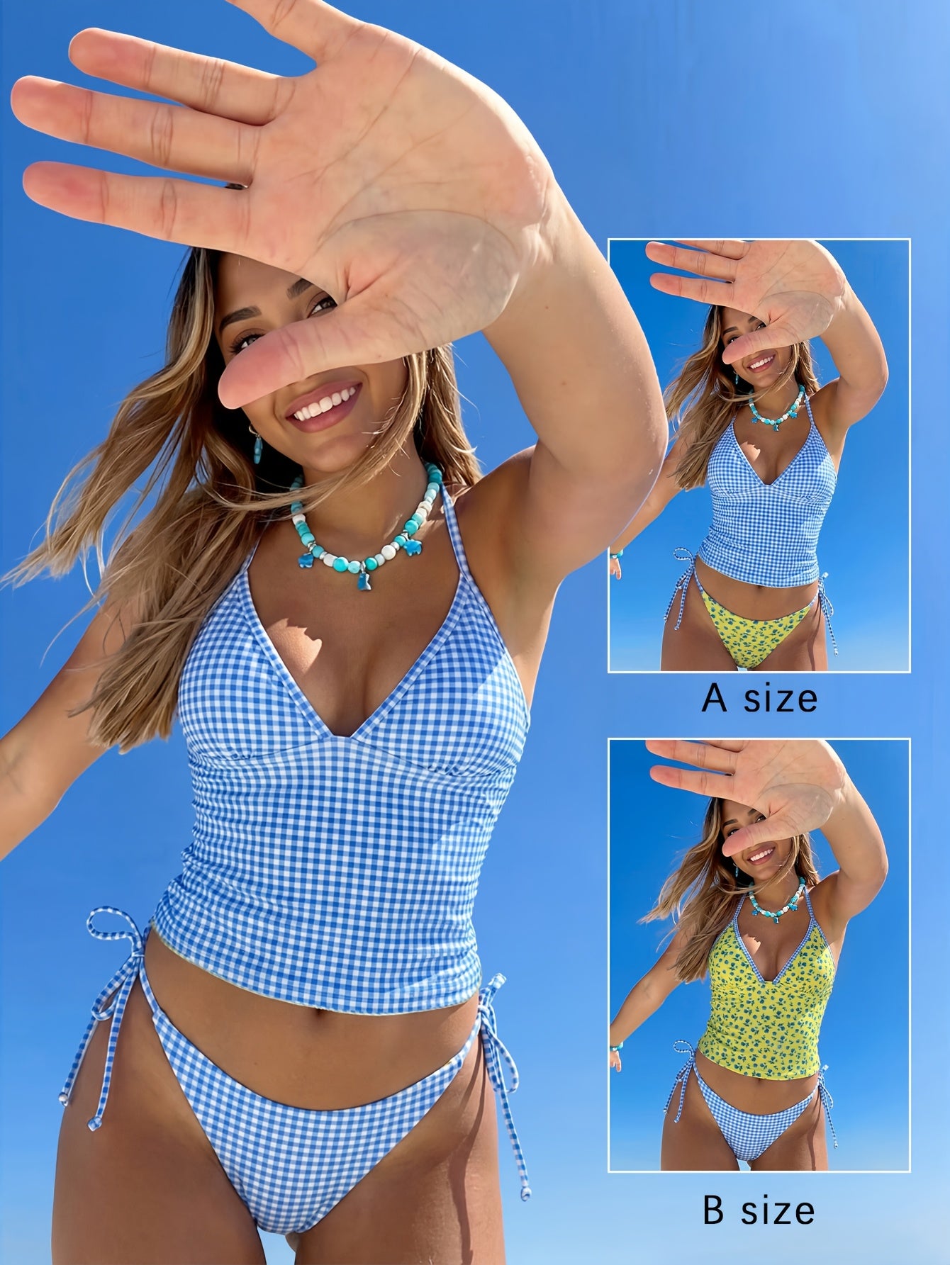 Women's Polka Dot Print Halter Neck Tankini Swimsuit Set, Bohemian Style Backless Knotted Tube Top Halter Bikini, Women's Polka Dot High-Stretch Reversible Design, Free Color Block Mix & Match, Beach Bikini