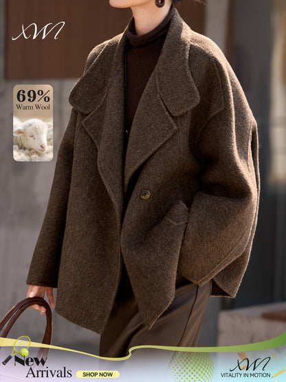 Wool Coat for Women Double Faced Raglan Sleeve Mid Coat for Work Travel Autumn Winter
