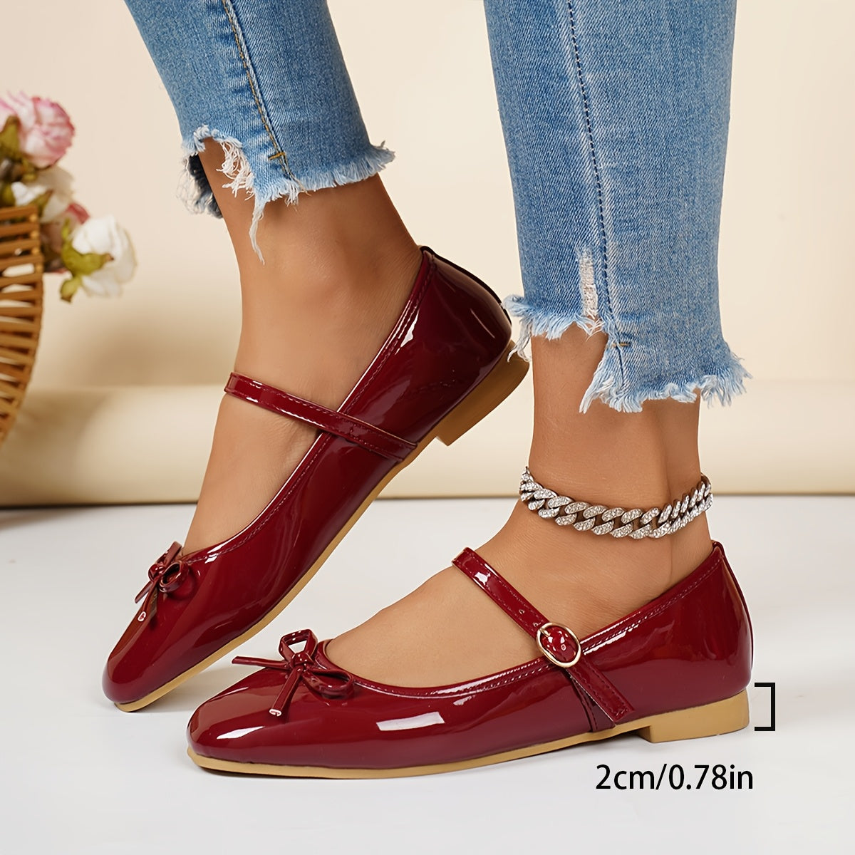Mary Jane Shoes for Women Wine Red Bow Strap Flat Shoes for Office Daywear Outfits