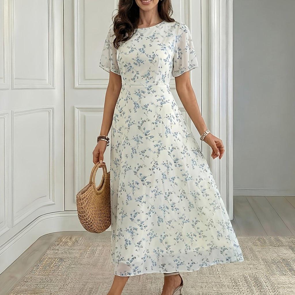 Women's Elegant Mini Floral Round Neck Short Sleeve Midi Dress, Summer Women's Clothing, Birthday Dress