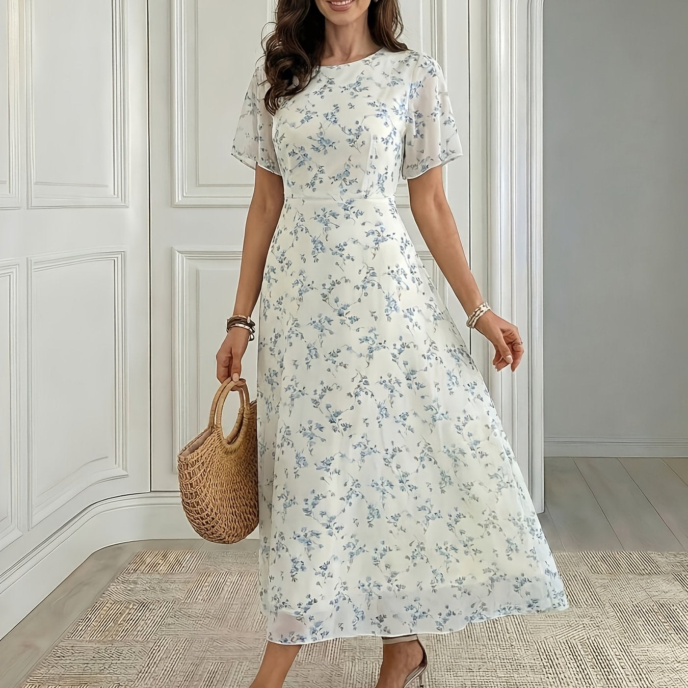 Women's Elegant Mini Floral Round Neck Short Sleeve Midi Dress, Summer Women's Clothing, Birthday Dress