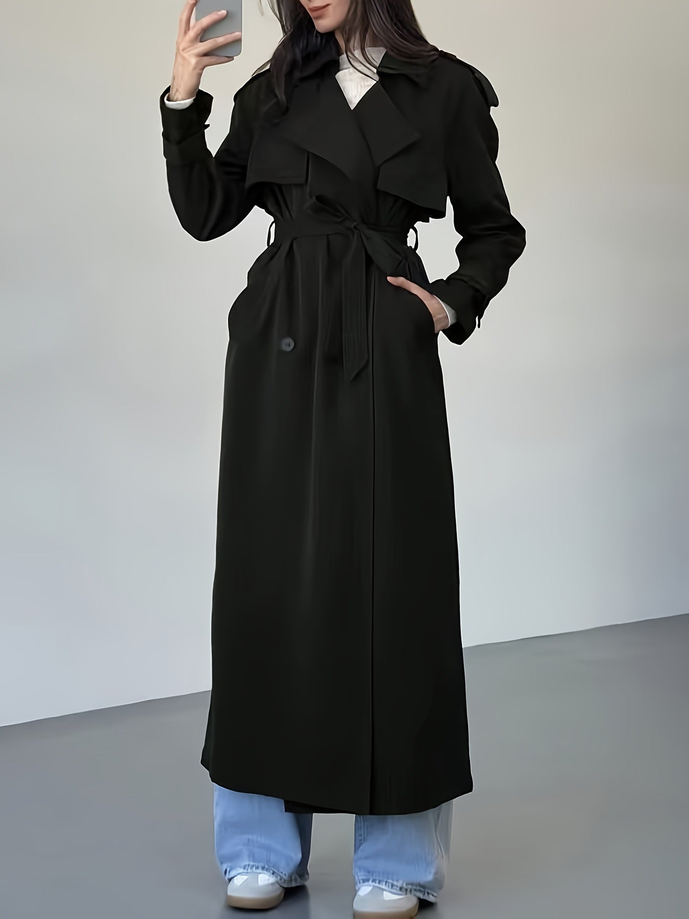 Trench Coat for Women Long Double Breasted Belted Coat for Commuting Autumn
