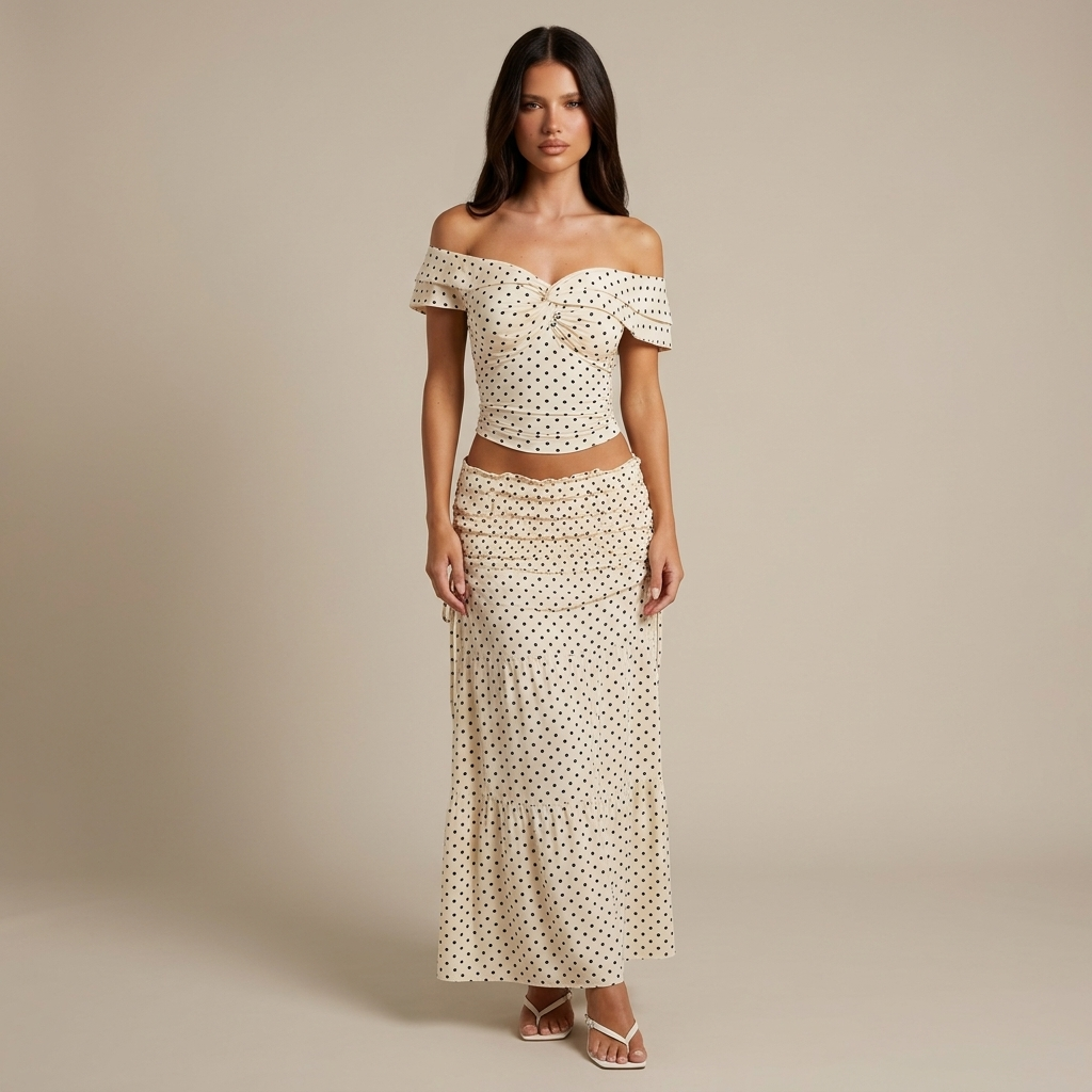 Summer Women'S Skirt Set Polka Dot Off-Shoulder Top High-Waist Fishtail Skirt Two-Piece Set