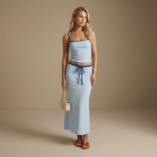 2pcs Women's Color Block Crop Top and High-Waisted Skirt Set