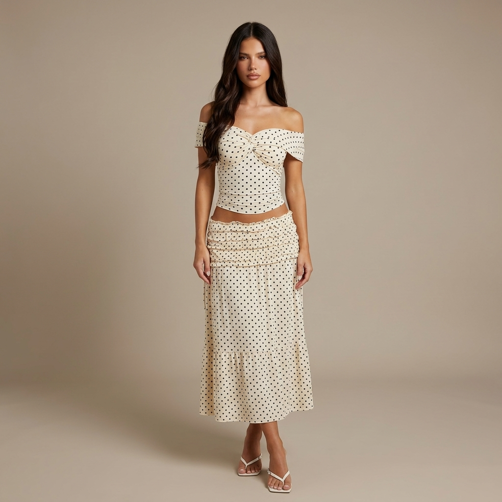 Summer Women'S Skirt Set Polka Dot Off-Shoulder Top High-Waist Fishtail Skirt Two-Piece Set