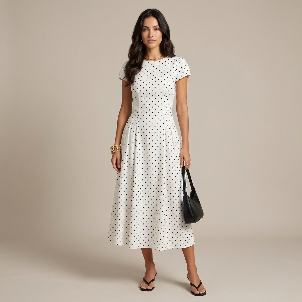New Summer Women's White Polka Dot Short Sleeve Round Neck Midi Dress