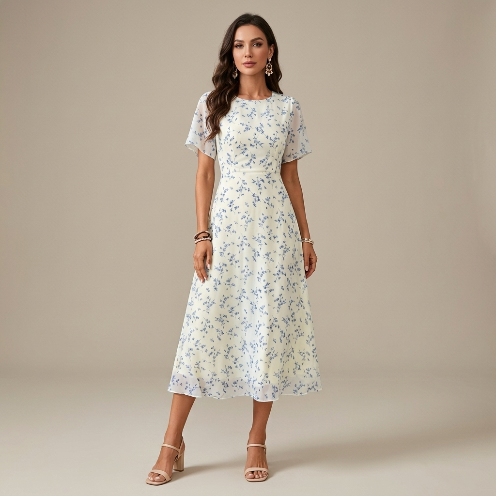 Women's Elegant Mini Floral Round Neck Short Sleeve Midi Dress, Summer Women's Clothing, Birthday Dress