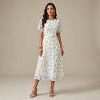Women's Elegant Mini Floral Round Neck Short Sleeve Midi Dress, Summer Women's Clothing, Birthday Dress