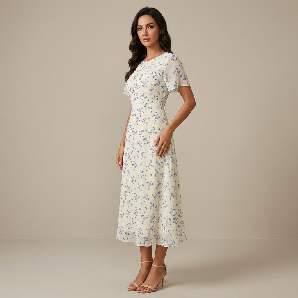 Women's Elegant Mini Floral Round Neck Short Sleeve Midi Dress, Summer Women's Clothing, Birthday Dress