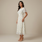 Women's Elegant Mini Floral Round Neck Short Sleeve Midi Dress, Summer Women's Clothing, Birthday Dress