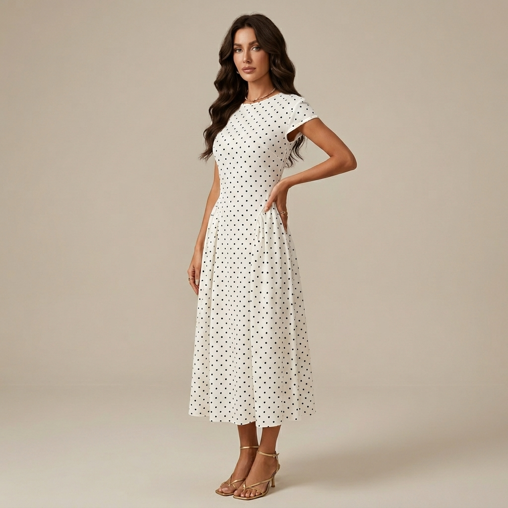 New Summer Women's White Polka Dot Short Sleeve Round Neck Midi Dress